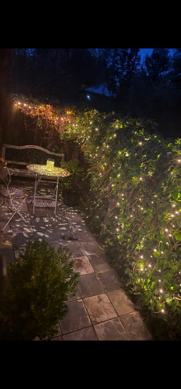 Yaffles Barn garden seating at night